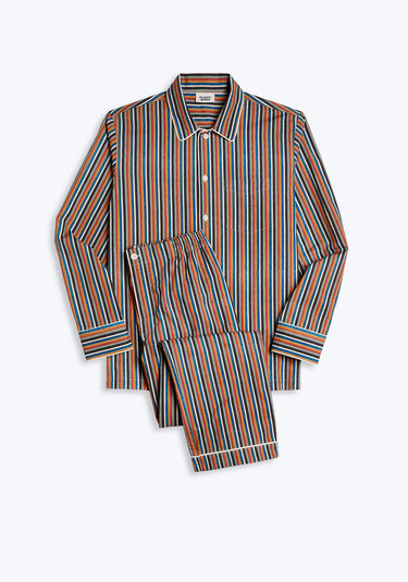 A striped pajama set with long sleeves, consisting of a shirt and pants, on a plain background. The stripes include red, orange, blue, white, brown, and seafoam green.