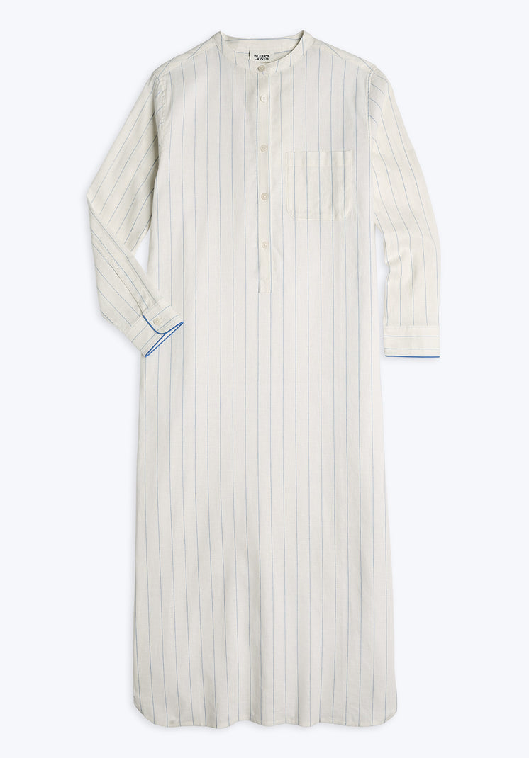 A long, cream kaftan with light blue stripes and blue trim around the collar and sleeves, lying flat on a plain background.